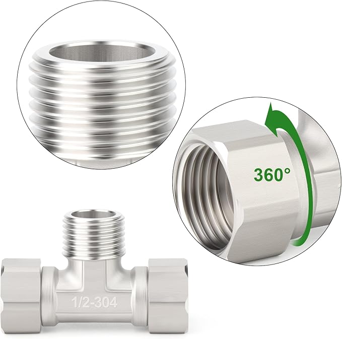 TAISHER 2PCS 304 Stainless Steel 3 Way Left&Right 2 Ends Flexible Movable Tee Connector, 1/2" Male for Sprayer, Angled Valve, Shower Arm