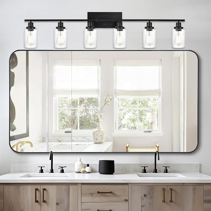 6-Light Seeded Glass Vanity Light Fixtures in Matte Black Finish, 45.3 Inches Length Modern Bathroom Wall Lighting Over Mirror Wall Mount Lights
