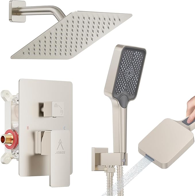 Shower System Modern Rain 8 inches Brass Faucet Set With Valve and Diverter Shower Mixer With Handheld High Pressure Square Rainfall Shower Valve (8'' Wall Mount, Brushed Nickel)