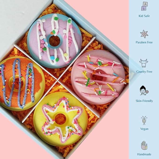 KAV Donut Bath Bombs Gift Set – 4 Piece Handmade Organic Bath Bomb Kit with Essential Oils – Relaxation Spa Gift for Women, Men, Teens, Kids – Self Care & Aromatherapy Soak