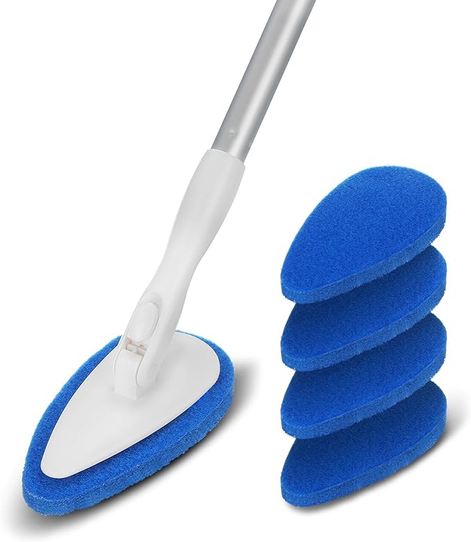 Qaestfy Shower Bathtub Tub Tile Scrubber Cleaning Brush with 51'' Handle, 5 Non-Scratch Scouring Pads, Adjustable Long Handled Scrub Brush for Cleaning Shower Bathroom Vessel Sinks Toilet Wall Floor