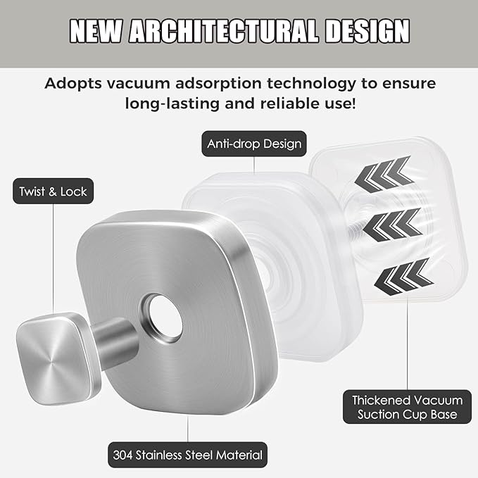 2Pcs Square Suction Cup Hook, 304 Stainless Steel Shower Hook, Removable Suction Cup Knob for Shower, Bathroom, Kitchen, Glass Door, Mirror (Silver)