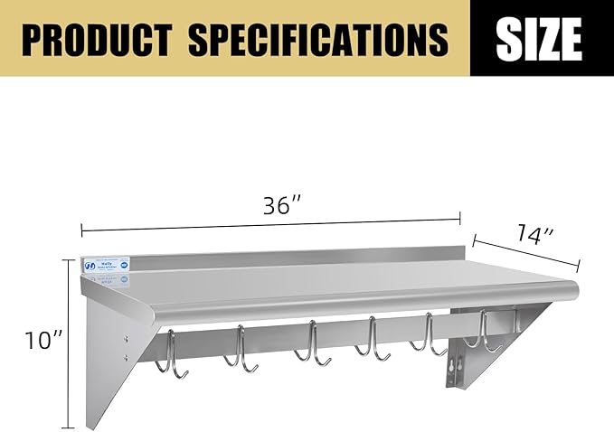 Hally Stainless Steel Shelf with 6 Hooks 14" x 36" Wall Mounted Pot Rack 300lb, NSF Commercial Floating Shelving for Storage Hanging Pots, Pans, cookware in Restaurant, Kitchen, Home and Hotel