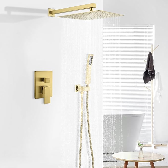 WELLFOR Brushed Gold 12" Wall Mounted Shower Faucet Set Single Handles, Dual Head Shower Faucet System with 2-way Diverter, Shower System with Handheld Spray, Rough in Valve, Hot Cold Water