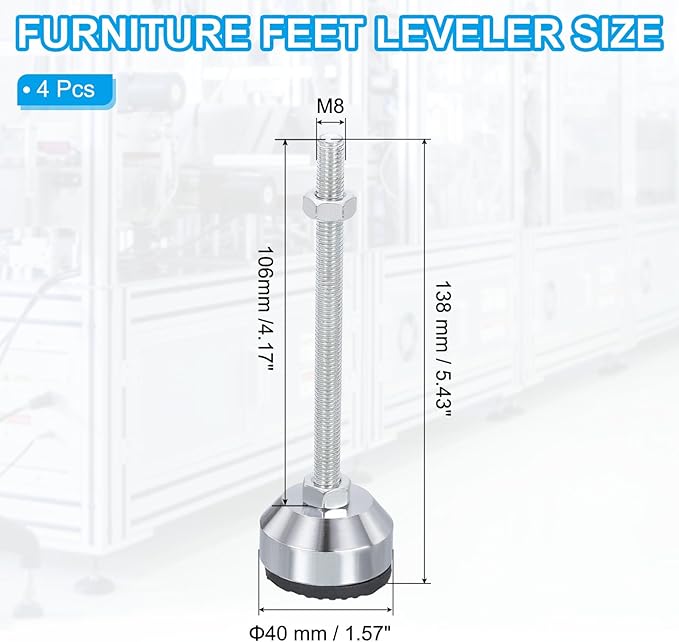 PATIKIL Furniture Leveling Feet 1.6" Dia Base M8 Thread, 4 Pcs Carbon Steel Adjustable Threaded Furniture Leveler Screw on Leg Levelers with Pads for Desk Chair, Black