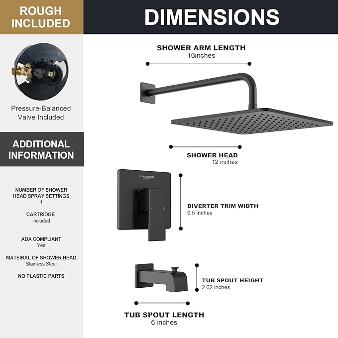 Lava Odoro 12-inch Square Bathtub and Shower Faucet Set Matte Black, Shower Trim Kit with Rough-in Valve High Pressure Black Rainfall Shower Head and Handle Set, (Valve Included), SF106-MB-T