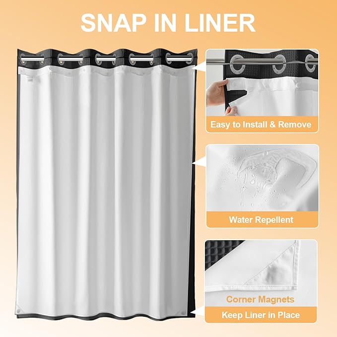 River Dream No Hook Cotton Blend Shower Curtain with Snap in Liner, Hotel Grade Shower Curtains for Bathroom, Water Repellent, Black, 71" Wx74 L
