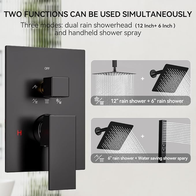 Shower Faucet Set, 12" Rain Shower System with Handheld and Ceiling Mount 6" Rainfall Shower Head, Can Use 2 Modes Together for Two People, 3 Way Shower Valve with 5 Diverter Complete, Matte Black