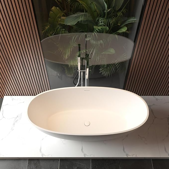 65 in Solid Surface Freestanding Bathtub, Contemporary Oval Shape Soaking Tub, Stone Resin Stand Alone Bathtub With Pop-Up Drain and Overflow, Cupc Certified,Matte White