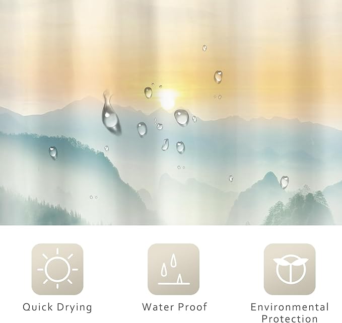 Riyidecor Small Stall Mountain Shower Curtain 54Wx78H Inch Rv Narrow Extra Long Green Sunset Sunrise Scenery Landscape Woodland Bathroom Decor Fabric Polyester Waterproof 12 Pack Hooks