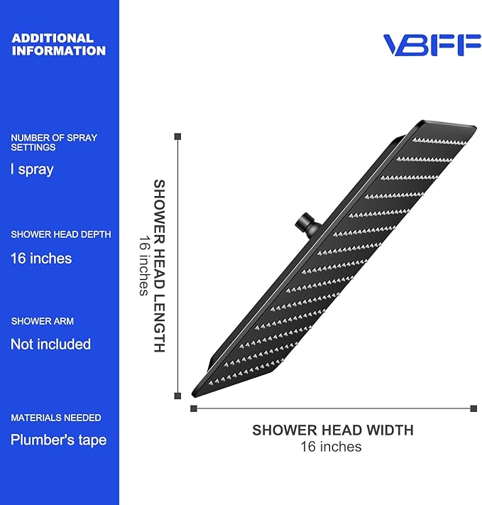 VBFF-Shower Head,rain shower head, 16 inch- Square Shower Head, 1.8 GPM Flow Rate, rainfall showerhead,VBFF10 (Matte Black)