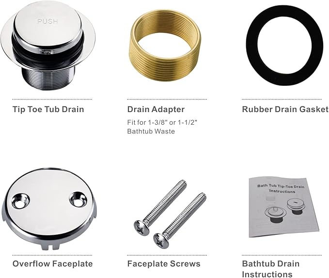 Chrome Tip Toe Bathtub Tub Drain Conversion Kit Assembly, Wellup Tub Drain Trim Kit with Two Hole Overflow Faceplate, Chrome Polished
