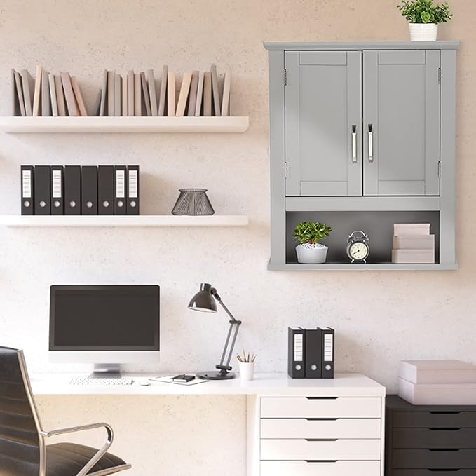 VINGLI Medecine Cabinet with 2 Doors Bathrooom Wall Cabinet Grey Over The Toilet Storage Towel Cabinet 1 Adjustable Shelf Wooden Hanging Organizer Bathroom Furniture