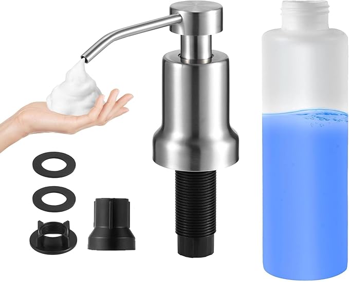 Foaming Soap Dispenser for Kitchen Sink, Kitchen Bathroom Soap Dispenser Pump, Foaming Hand Soap Dispenserr, Stainless Steel Foam Soap Dispenserr with 21oz Under Counter Plastic Bottle
