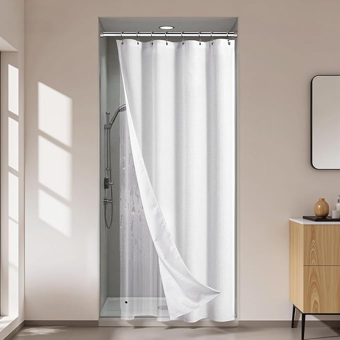 River Dream Stall Waffle 3 in 1 Shower Curtain Set, White Fabric Shower Curtain and Clear Liner Set, with Double Sided Hooks, Waterproof, 36" W*72" H