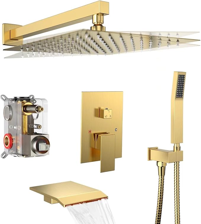 Rain Shower System 12 inch Shower Faucet Set with Tub Spout,Bathroom Wall Mounted Waterfall Shower Head Bath tub Faucet Sets Complete with Handheld Spray,Included Valve Body and Trim kit,Brushed Gold