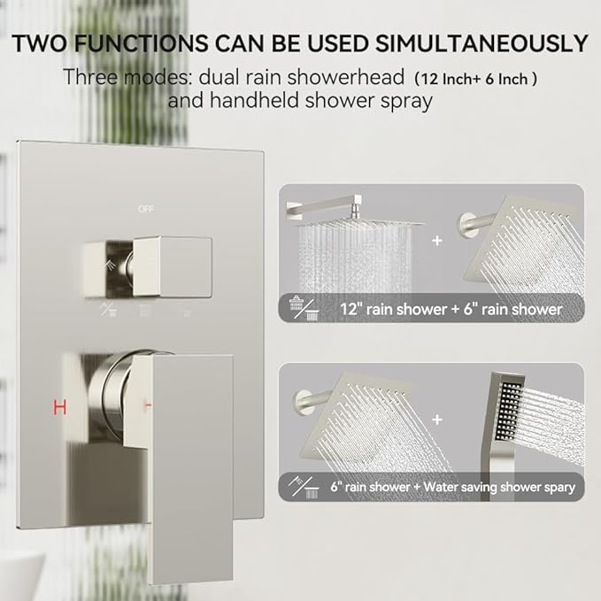 Rain Shower System Brushed Nickel, STARBATH 12+6" Dual Shower Head with Handheld Spray for Two Person, Wall Mounted Shower Faucet Set 3 Way Shower Valve with 5 Diverter and Trim Kit Complete