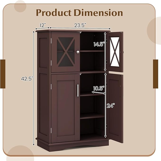 Tangkula Freestanding Floor Cabinet w/2 Glass Doors, 3-Level Adjustable Shelves, Anti-toppling Design, Kitchen Pantry Cupboard for Bathroom, Living Room (Brown)