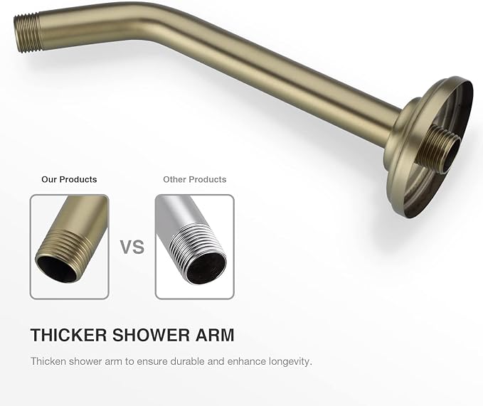 9 Inch Angled Shower Arm with Flange,Wall-Mounted Heavy Duty Stainless Steel, Shower Head Extension Extender Pipe Arm, For Fixed Bathroom Shower Head,Brushed Gold
