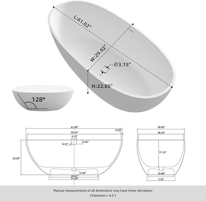 61'' Resin Stone Soaking Bathtub Oval Solid Surface Freestanding Soaking Bathtubs Matte White Soaking Tub with Overflow and Pop up Drain - White…
