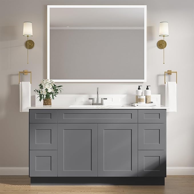 ROOMTEC 60'' Shaker Gray Bathroom Vanity Cabinet with 6 Drawers and 2 Doors, Soft-Close Hinge and Drawer Slides, 144 Pounds, 60"W x 34.5"H x 21"D