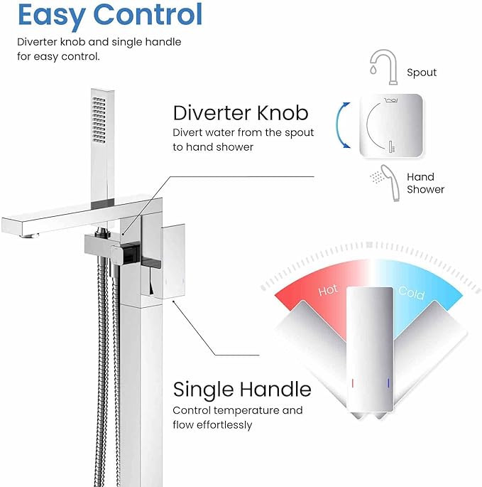 KIBI Cube Chrome Finish Freestanding Bathtub Faucet ‑ Floor‑Mounted Brass Tub Filler with Single‑Handle Bathroom Faucets with Hand Shower, Ceramic Cartridge & Stainless Steel Hose (KTF302CH)