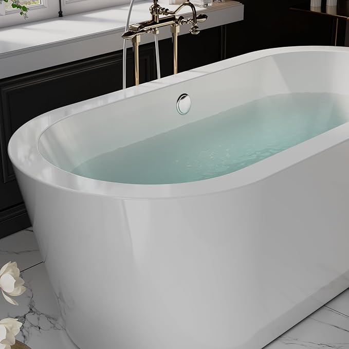 Empava 59"Freestanding Bathtub, Luxury Acrylic Soaking Tub with Drain and Overflow, Modern Stand Alone Design, Glossy White,cUPC Certified