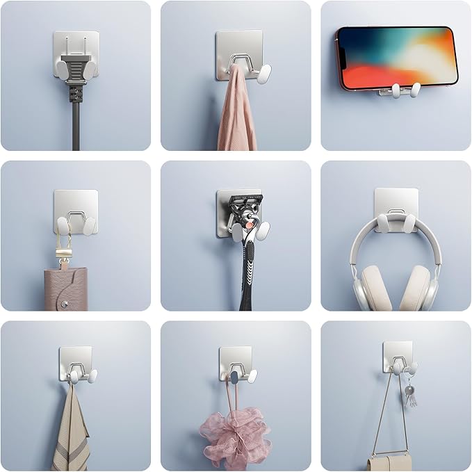 Shower Hooks for Inside Shower - Extra Sticky Stainless, Razor Holder Accessories, Wall Mounted Self-Adhesive Double Hooks for Razor, Loofah, Towel, Shaver, Coat, Key, Silver 6 Pack