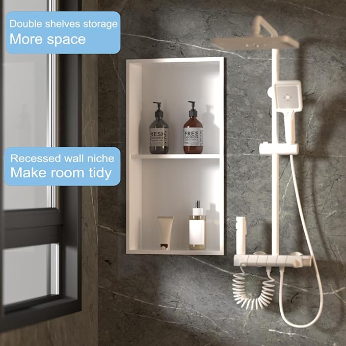 Recessed Wall Niche for Shower Room Storage,Double-Layer Shelves,Wall Insert Tile Ready,Stainless Steel(White, 24 * 12 in)