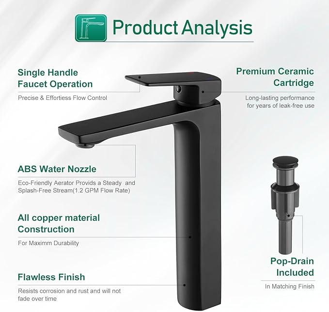 VOTON Vessel Sink Faucet Matte Black Tall Bathroom Faucet Single Handle Vanity Bathroom Sink Faucet 1 Hole Basin Mixer Tap with Water Supply Hose and Pop Up Sink Drain