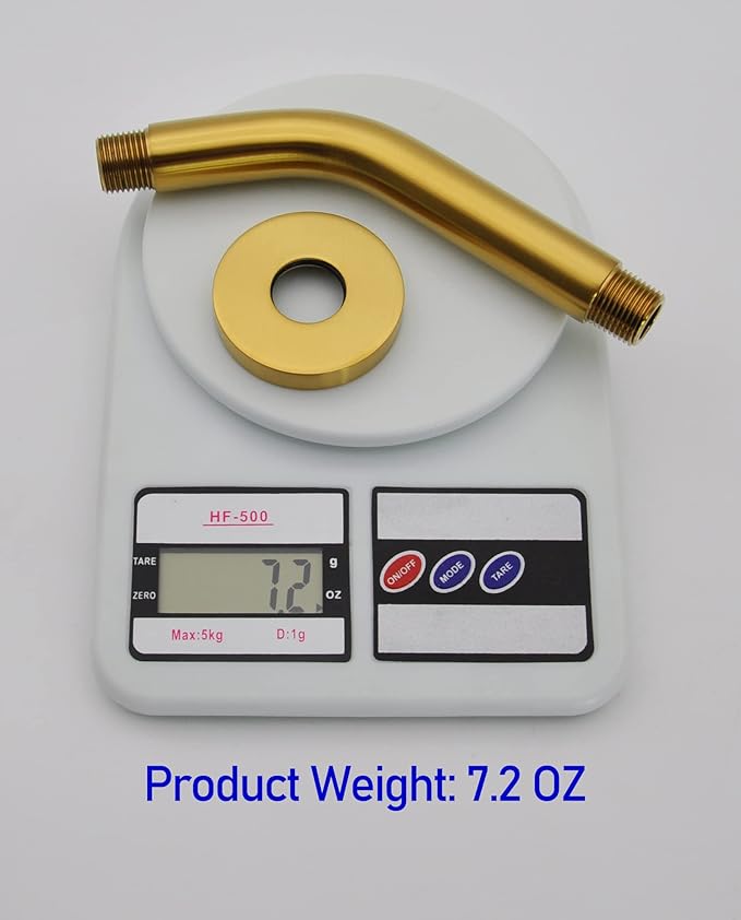 Aquaiaw Shower Arm and O-Ring Flange, 6 inch, Solid Brass, Brushed Gold, Round, Both Soldered 1/2 NPT Tapered Threads, Wall Mount Shower Arm Extension with Escutcheon, for Rain Shower Head Max. 10"