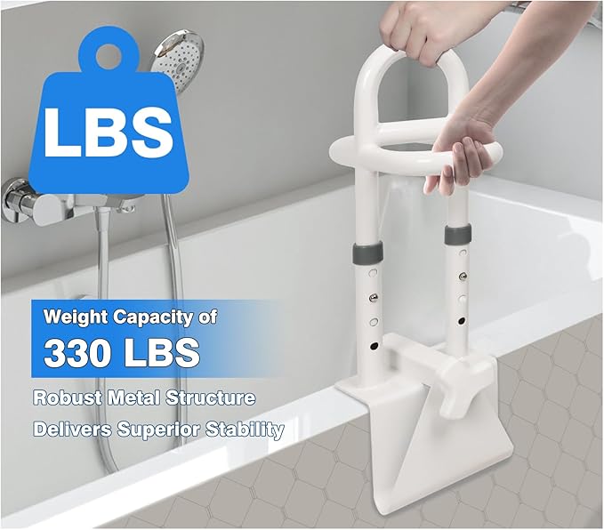 Adjustable Bathtub Safety Rail, Shower Grab Bars Handle with Non-Slip Handle for Seniors, Elderly, and Disabled, Fits 3"–6.7" Tub Walls, Supports 300 lbs, Bathroom Safety Bars