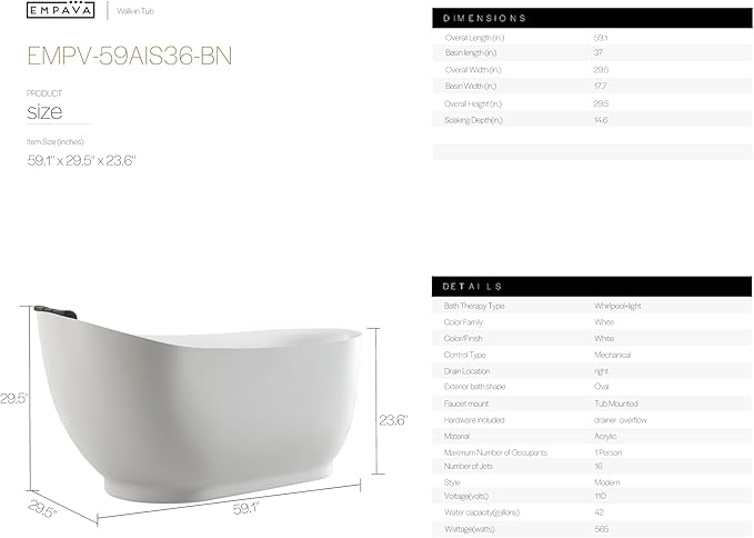 Empava Update Acrylic Whirlpool Bathtub, 59 Inch Acrylic Freestanding Jetted Tub, Hydromassage Gracefully Oval Shaped with 16 Hydromassage Jets with Lumbar and Neck Support, Black Pillow, No faucet
