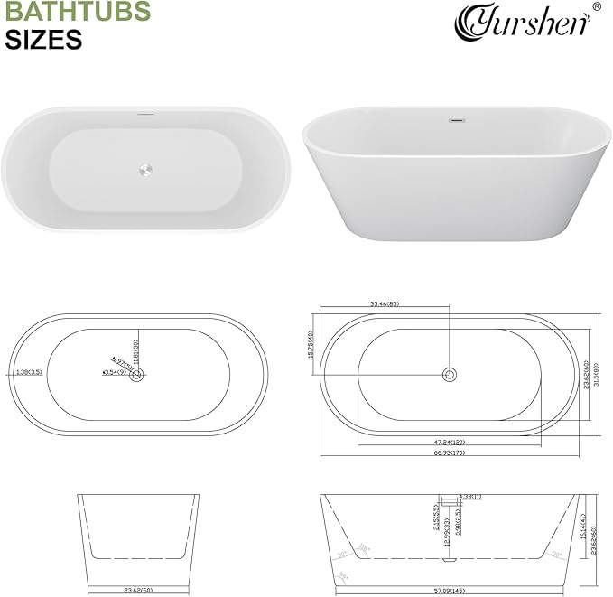 67 Inch Freestanding Acrylic Soaking Tub White Roll Top Bathtub with Chrome Drain Spa-Like Glossy Finish, YSB9223