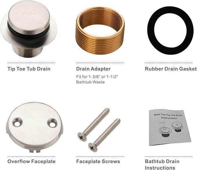 Tip Toe Bathtub Tub Drain Conversion Kit Assembly, Wellup Tub Drain Trim Kit with Two Hole Overflow Faceplate, Brushed Nickel