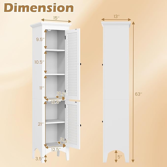 Tangkula 63" Tall Bathroom Storage Cabinet, Freestanding Narrow Linen Tower with Adjustable Shelf, Modern Slim Floor Cabinet with 2 Doors for Bathroom, Living Room, Kitchen (White)