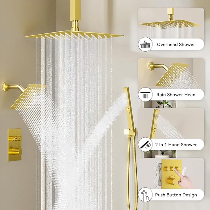 Brushed Gold Shower System, STARBATH Ceiling Mounted 12+8 Inch Rainfall Shower Head with 2 in 1 High Pressure Handhled, Can Use All at Once, Push Button Diverter Thermostatic Valve with Trim Kit