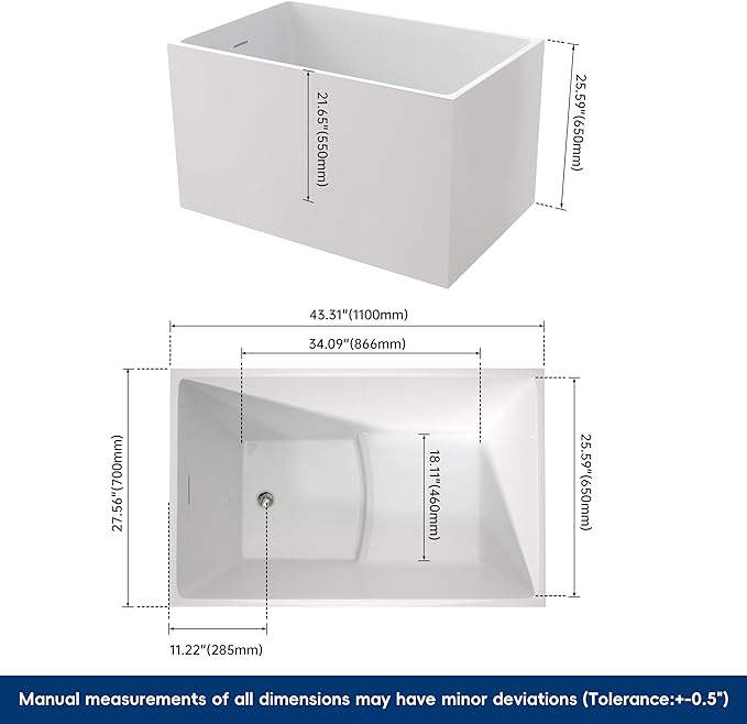 43" Acrylic Freestanding Bathtubs, Stand Alone Tub, Japanese Soaking Tub for Bathroom, Integrated Overflow and Drain, cUPC Certified, Gloss White