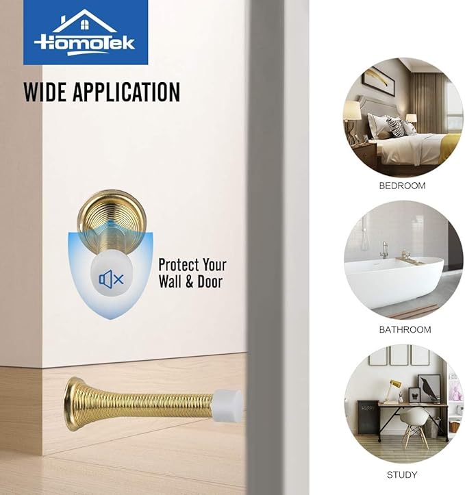 HOMOTEK 50 Pack Spring Door Stopper with Rubber Bumper 3-1/8" Flexible Spring Heavy Duty Wall Door Stop Low Mounted Door Bumper for Home (Bright Brass)
