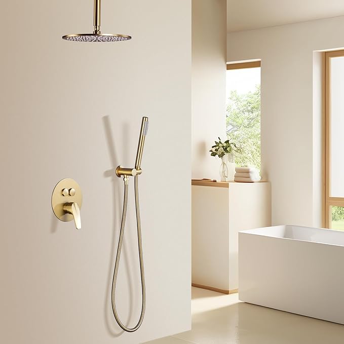 TRUSTMI 12 Inch Shower System with Pressure Balanced Valve Luxury Ceiling Mounted Rainfall and Handheld Shower Head Set Push Button Diverter, Brushed Brass Gold (Rough-In Valve and Trim Kit Include)