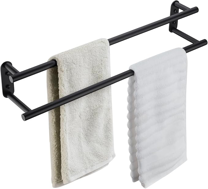 BAGNOLUX Double Towel Bar, SUS304 Towel Racks for Bathroom Wall Mounted 2-Tiers Ladder Towel Rails, Space Saving Bathroom Towel Holder Shelves Rack, Long Towel Hanger (24“-Round-Matte Black)