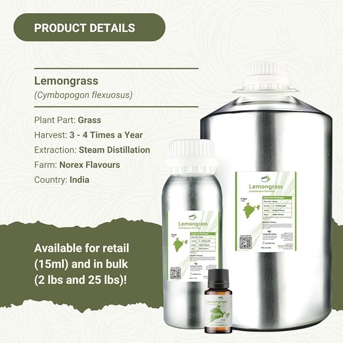 Lemongrass Essential Oil - Natural Aceite de Hierba Limón from Norex Flavours India - Lemongrass Essential Oils for Hair, Aromatherapy and Massage (8oz)