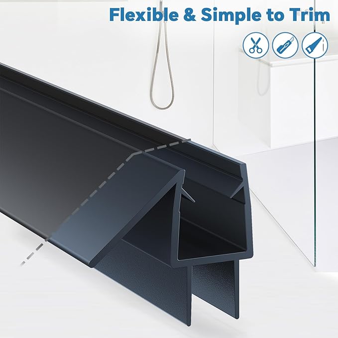 Shower Door Bottom Seal Strip, 2PCS Seal Strip, Clear PVC, 36" Length, Fits 10mm Thick Glass, Prevents Leaks, Easy Installation, No Adhesive Required (Black, 36in for 3/8"(10mm))
