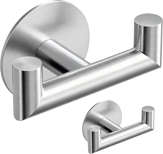 2 Pack Brushed Nickel Bathroom Hooks for Towels - Self Adhesive Double Hooks for Wall, No Drilling, Stainless Steel 304, Strong Hold for Robes, Coats, Shower Use