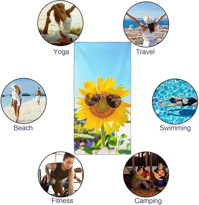 Vibrant Sunflower Beach Towel 36"x72" Quick-Dry Soft Microfiber with Sunlit Blue Sky Design