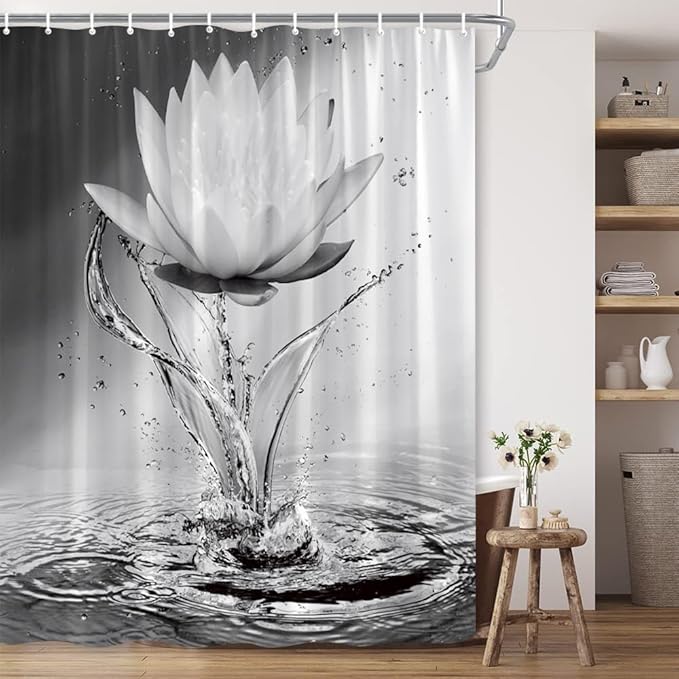 Lotus Shower Curtain Black White Grey Flower Elegant Blooming Floral with Dew Spring Flower Reflection on Water Modern Romantic Polyester Fabric Bathroom Decor 70×78 Inch with Hook