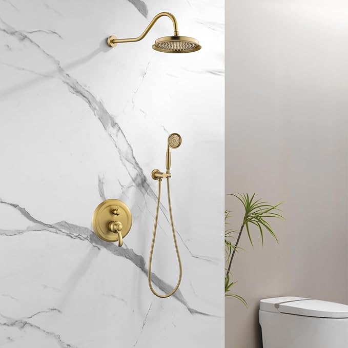 Antique Shower Head Faucet Set,Brushed-Gold Vintage Wall Mount Shower Faucets Combo With Handheld Spray,Bathroom Rainfall Shower System Trim Kit With Brass Pressure Balance Valve & 9''Shower Head