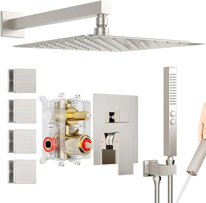 Shower Faucets Sets Shower System with Body Jets, Bostingner 10" Rain Shower Head with 2 In 1 Handheld Spray and 4 Jets, Wall Mounted All Metal 3 Way Shower Set with Valve and Trim Kit,Brushed Nickel
