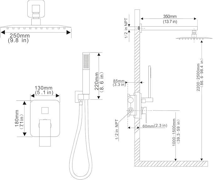 Shower Faucet Set Rain Shower System Matte Black with High Pressure 10-Inch Shower Head Handheld Square Shower Head Bathroom Luxury Rain Shower Faucet Shower Complete Combo Kit Wall Mounted