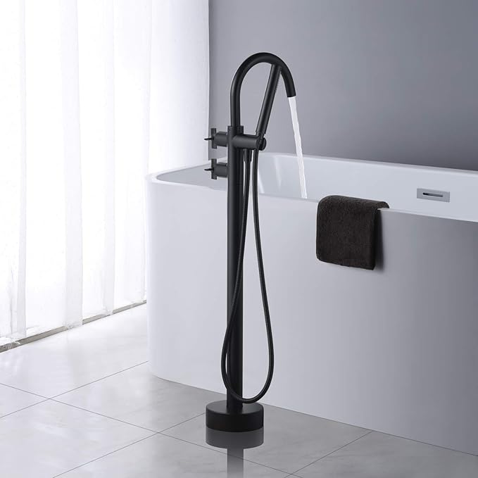 Freestanding Bathtub Faucet Tub Filler Black Floor Mount Brass Faucets with Hand Shower